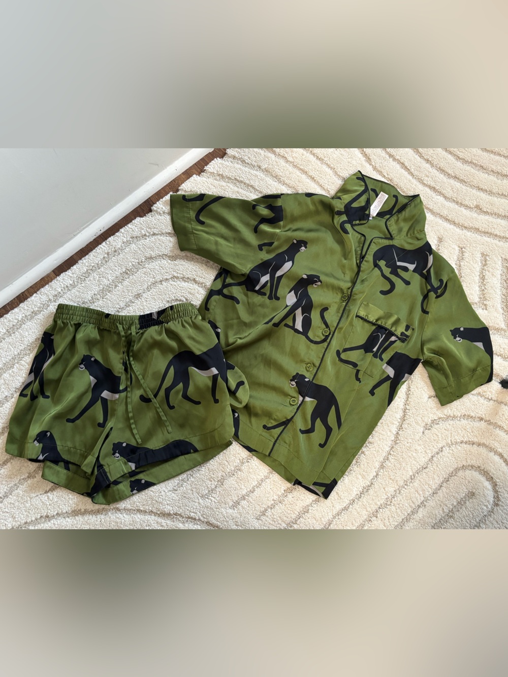 Women’s Satin Notch Collar Short Sleeve & Shorts PJ set in Panther Print 🐈‍⬛